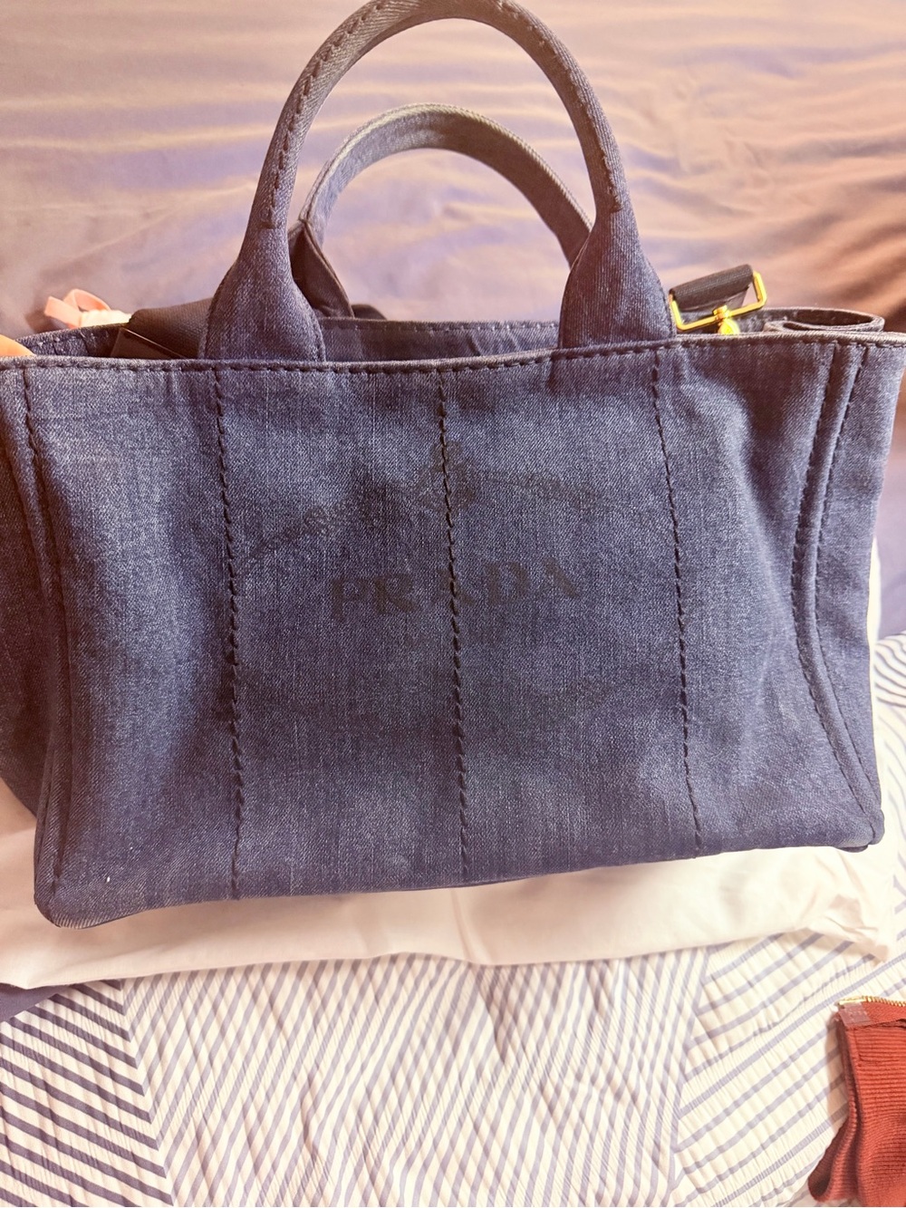 AUTHENTIC Prada CANAPA Navy Blue Denim Tote Bag